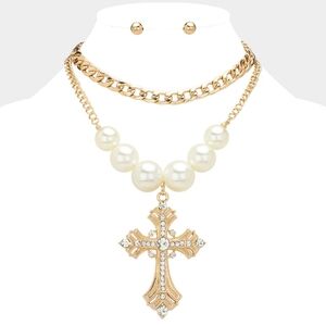 Chunky Pearl Crystal Gold Cross Pendant Layered Statement Necklace Chain Link